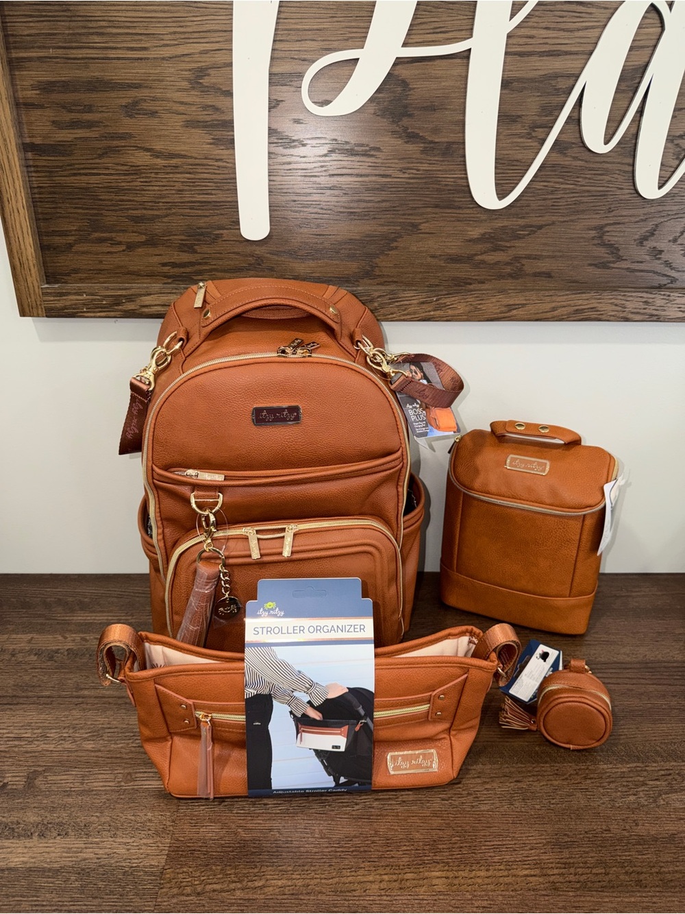 Itzy Ritzy Cognac Boss Plus Backpack Diaper Bag Bundle NWT